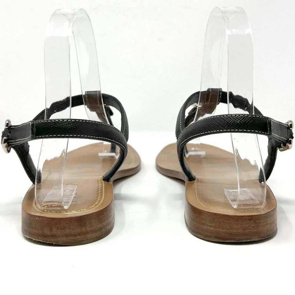 Prada Black Saffiano Leather Flat Thong Sandals Ankle Strap EU 38 Made in Italy‎